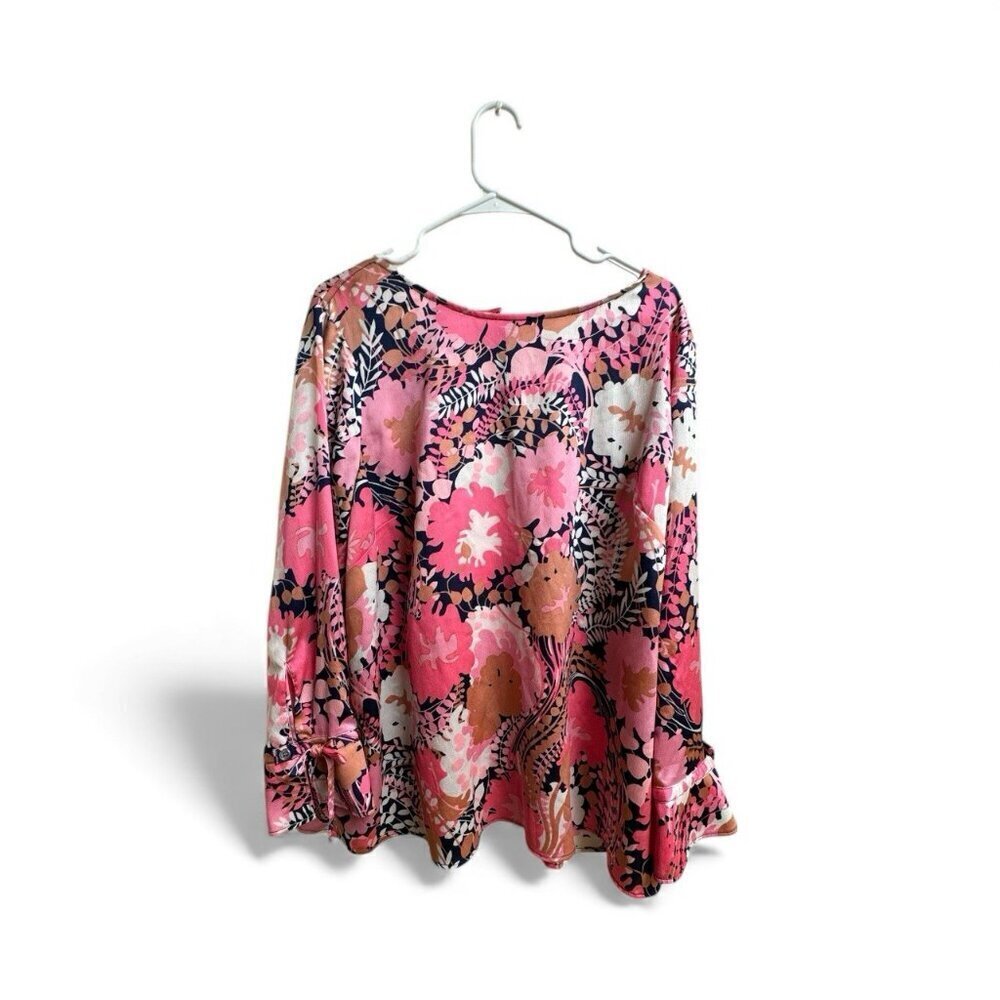 Talbots Woman Floral Blouse 2X | Pink Print Top Bow Cuff Sleeve 100% Polyester